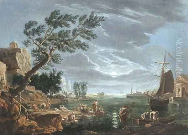 A moonlit mediterranean landscape with fishermen and women washing by a harbour Oil Painting by Charles Francois Lacroix de Marseille