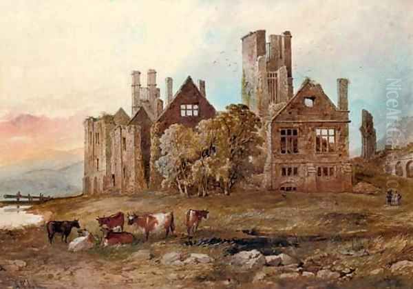 Cattle grazing before a ruined castle Oil Painting by Arthur Sr MacArthur