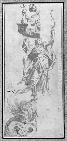 Study for a wall decoration A female figure holding a bow, standing on a griffon and supporting a cornice Oil Painting by (circle of) Marchetti, Marco (Marco da Faenza)