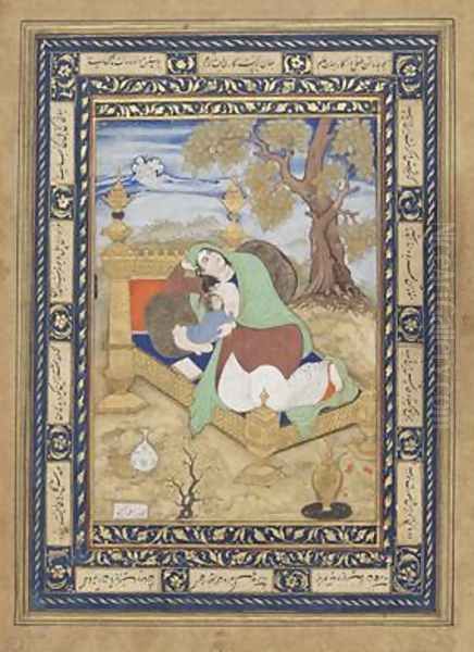 Mother and Child Reclining possibly from Golconda Deccan India Oil Painting by Muhammad al-Hasani Mirza