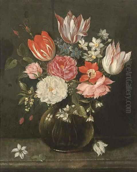 Parrot tulips, narcissi, roses, anemones and other flowers in a glass vase on a stone ledge Oil Painting by Jakob Marrel