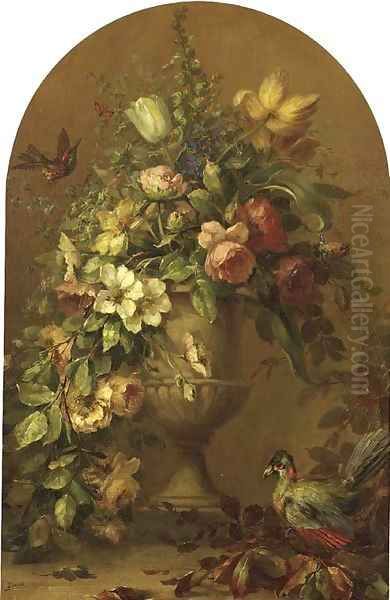 Flowers in a stoneware vase with tropical birds Oil Painting by Lucien Manceau