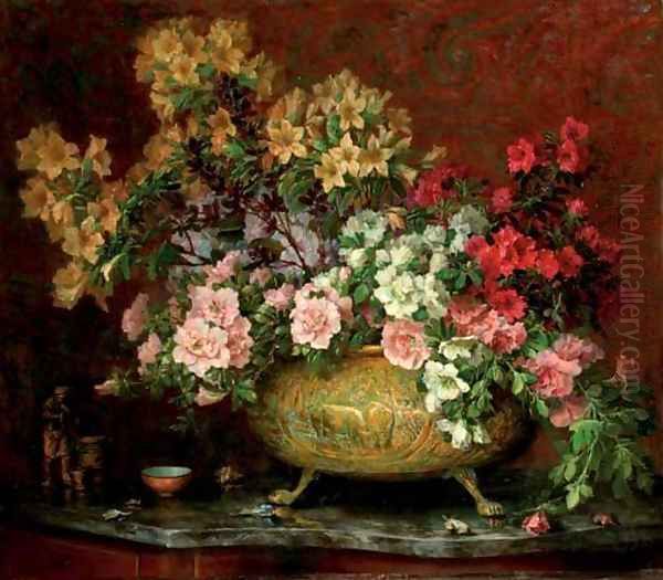 A bouquet in a copper pot Oil Painting by Lucien Manceau