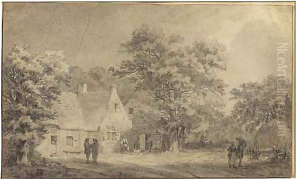 A farmstead among trees, figures on a road to the left Oil Painting by Franciscus Andreas Milatz