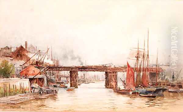 The Tower Bridge works from the Tower Wharf, London Oil Painting by Hubert James Medlycott