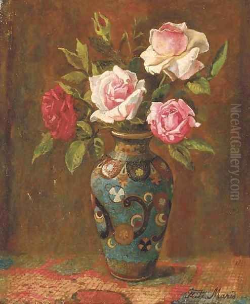 Rozen roses in a cloissone vase Oil Painting by Frits Maris