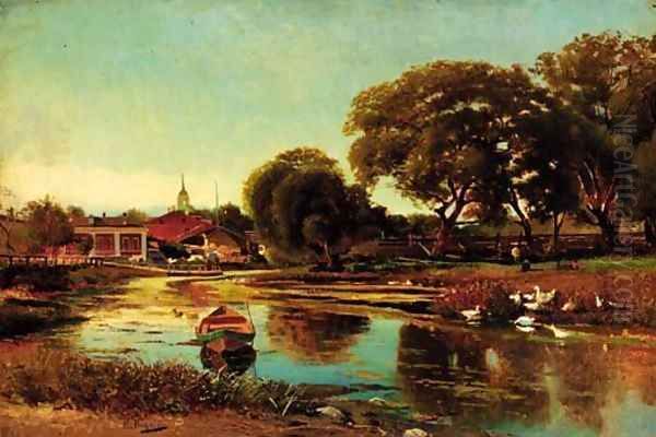 Summer - River near a Village Oil Painting by Konstantin Egorovich Egorovich Makovsky