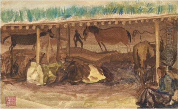 Horse And Cattle In A Stable, Mongolia Oil Painting by Alexander Evgenievich Yakovlev