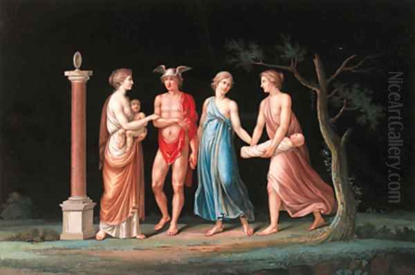 The Nymphs receiving the infant Bacchus from Mercury; and The birth of a child Oil Painting by Michelangelo Maestri