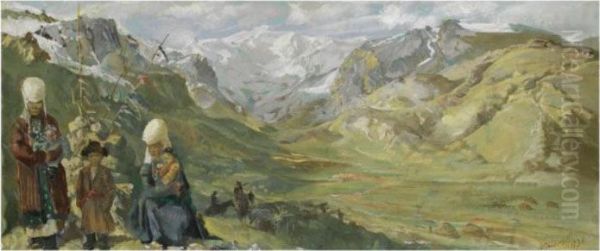 Kirghiz Women And Their Children In The Himalayas Oil Painting by Alexander Evgenievich Yakovlev