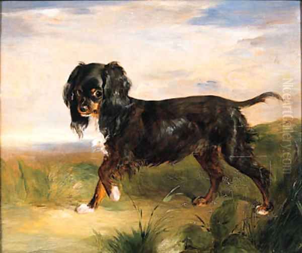 Portrait of a King Charles Spaniel in a Landscape Oil Painting by Alexander MacInnes