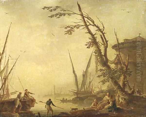 A Mediterranean port with figures on the shore Oil Painting by Charles Francois Lacroix de Marseille