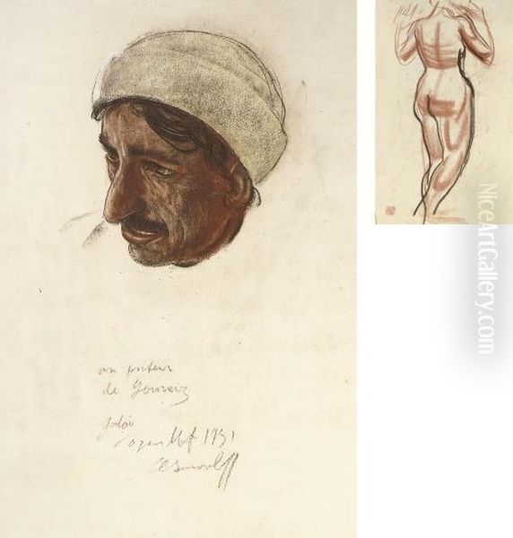 Portrait Of An Afghan (illustrated); Three Studies Of Female Nudes (one Illustrated) Oil Painting by Alexander Evgenievich Yakovlev