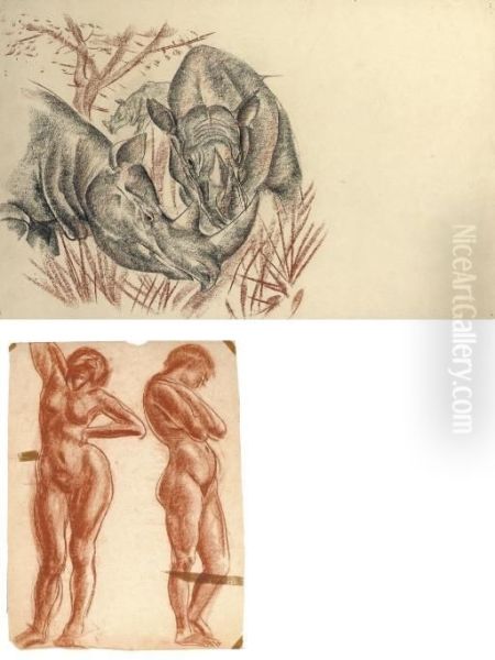 Rhinos (illustrated); Study Of A
 Male Nude; Study Of A Female Nude; And Two Studies Of A Standing Female
 Nude (illustrated) Oil Painting by Alexander Evgenievich Yakovlev