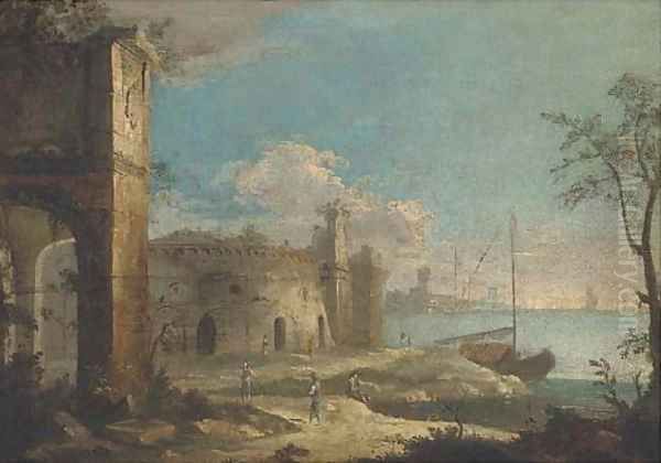 A capriccio coastal landscape with ruins and figures Oil Painting by Michele Marieschi