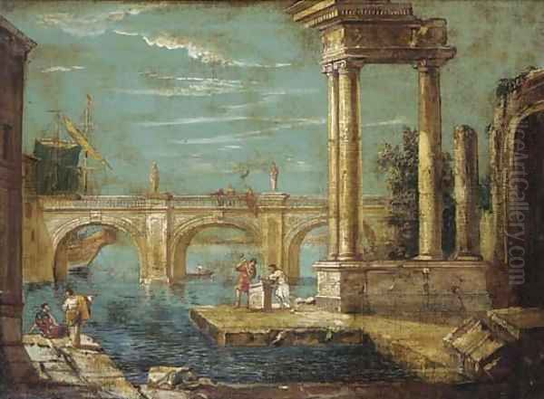 A capriccio of classical ruins and a bridge by a harbour Oil Painting by Michele Marieschi