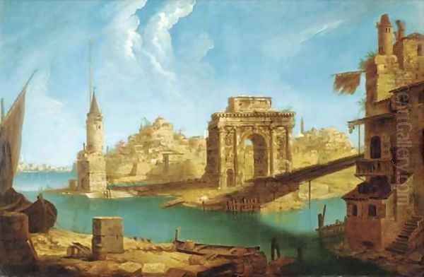 An architectural capriccio of Roman ruins and other buildings in the Laguna Oil Painting by Michele Marieschi