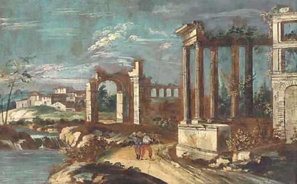 A capriccio of classical ruins with peasants on a track Oil Painting by Michele Marieschi