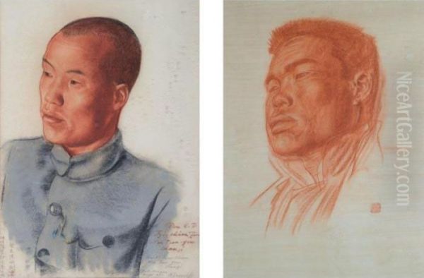 Portrait Of The Head Of Puli County, Nan Tianyou And A Mongol Oil Painting by Alexander Evgenievich Yakovlev