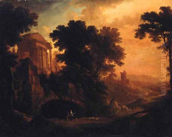 An Italianate landscape with herders on a track by a ruined temple at dusk Oil Painting by Albert Meyeringh