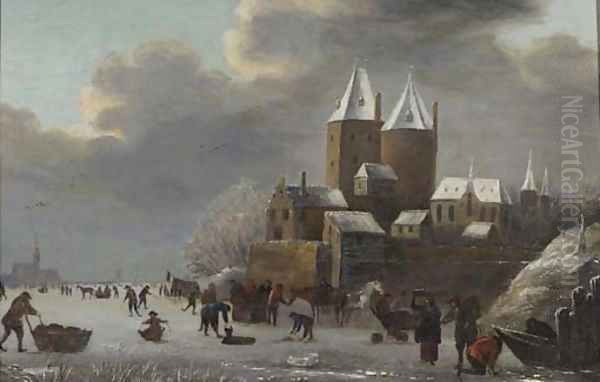 A winter landscape with peasants skating on a frozen river before a castle Oil Painting by Claes Molenaar (see Molenaer)