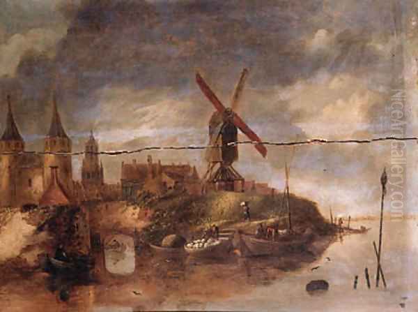 A fortified town on a river with fishermen in rowing boats unloading the catch near a landing stage Oil Painting by Claes Molenaar (see Molenaer)