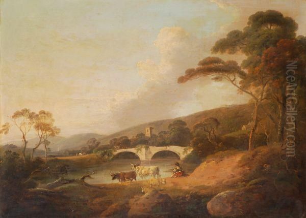 A Drover With Cattle And Sheep In A Riverlandscape Oil Painting by Julius Caesar Ibbetson