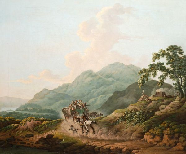 A Mountainous Landscape With A Coachand A Horseman On A Road Oil Painting by Julius Caesar Ibbetson