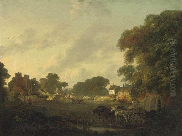 A Rural Landscape With Villagers In Horse-drawn Carts And Farmanimals Oil Painting by Julius Caesar Ibbetson