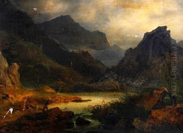 A Mountainous Landscape With Two Sportsmen Shooting Duck Oil Painting by Julius Caesar Ibbetson