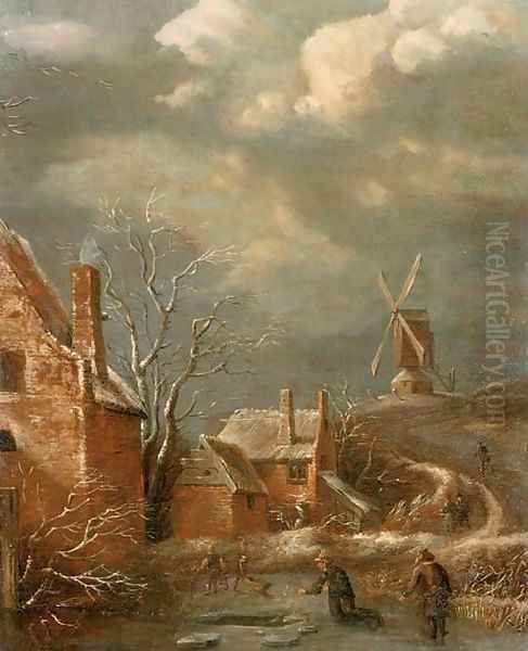 A winter landscape with figures on a frozen lake, cottages nearby and a windmill beyond Oil Painting by Claes Molenaar (see Molenaer)