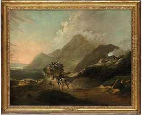 A Mountainous Landscape With A Coach And A Horseman On A Road Oil Painting by Julius Caesar Ibbetson