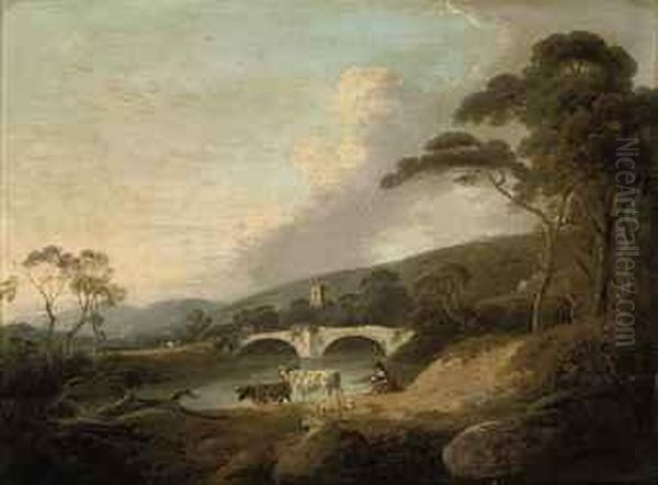 A Drover With Cattle And Sheep In A River Landscape Oil Painting by Julius Caesar Ibbetson