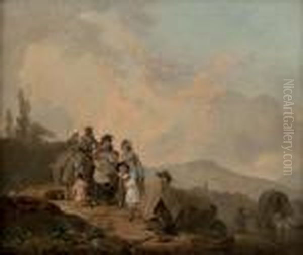 Rustic Family In A Hilly Landscape Oil Painting by Julius Caesar Ibbetson