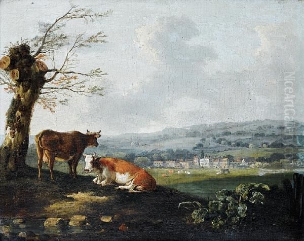 Cattle Resting Beneath A Tree, A Villagebeyond Oil Painting by Julius Caesar Ibbetson