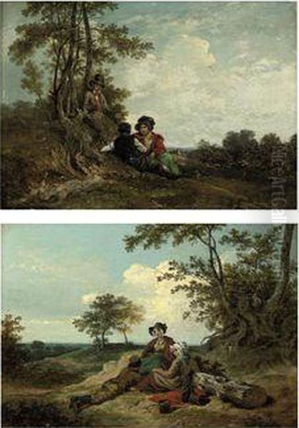 A Wooded Landscape With Figures Resting Under A Tree Oil Painting by Julius Caesar Ibbetson