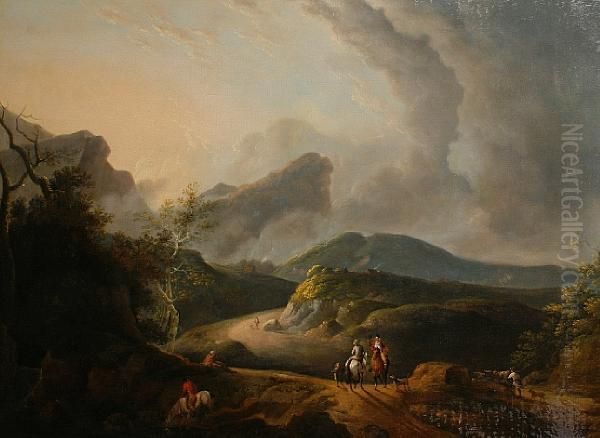 Travellers In A Highland Landscape Oil Painting by Julius Caesar Ibbetson