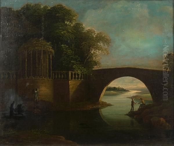 Fishermen Within An Italianate Landscape Withbridge And Folly Oil Painting by Julius Caesar Ibbetson