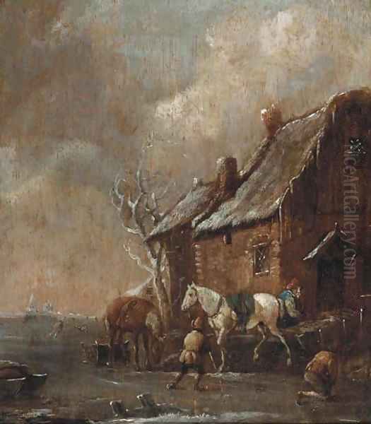 A winter landscape with figures skating and playing kolf on a frozen river by a farm Oil Painting by Claes Molenaar (see Molenaer)