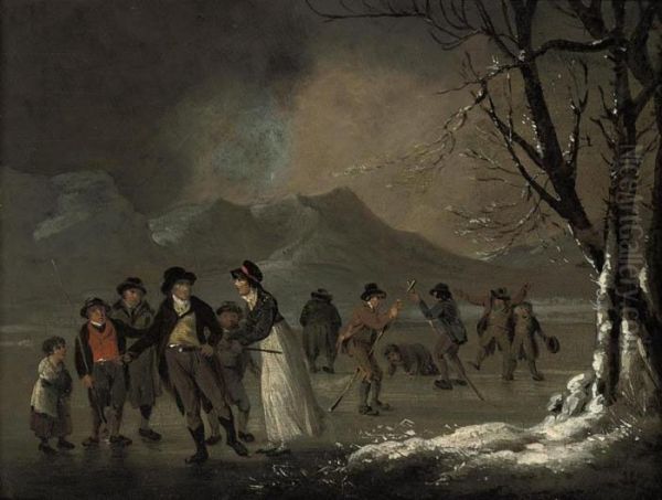 Skaters In The Lake District Oil Painting by Julius Caesar Ibbetson