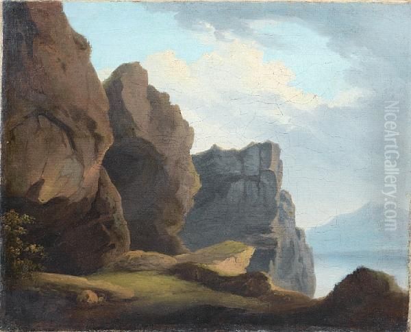 A Rocky Coastal Landscape Oil Painting by Julius Caesar Ibbetson