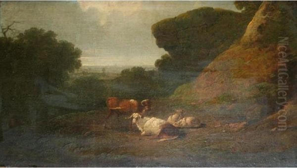 Cattle And Sheep Resting By Upland Crags Oil Painting by Julius Caesar Ibbetson