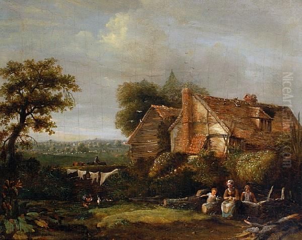 Outside The Cottage Oil Painting by Julius Caesar Ibbetson