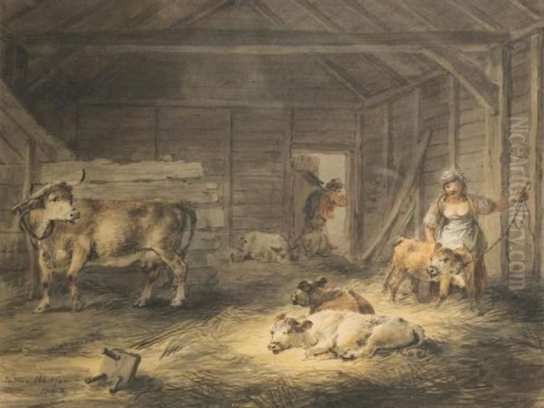 Cattle And Pigs In A Barn Oil Painting by Julius Caesar Ibbetson