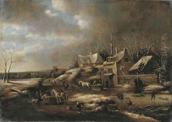 A winter landscape with townsfolk on a frozen waterway by a tavern Oil Painting by Claes Molenaar (see Molenaer)