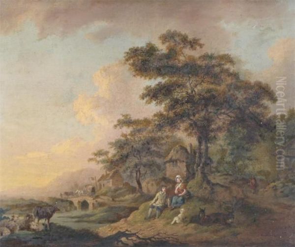 Pastoral River Landscapes With Couples Resting Near Hamlets Oil Painting by Julius Caesar Ibbetson