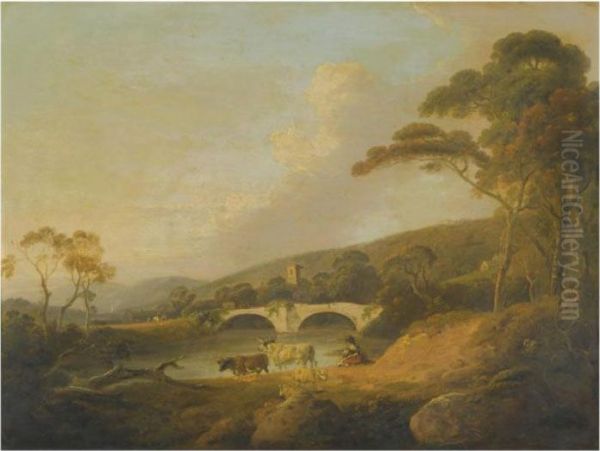 Landscape With Livestock And Figures Beside A River Oil Painting by Julius Caesar Ibbetson