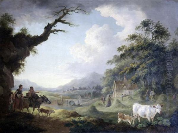 Haymakers And Cattle In A Landscape Oil Painting by Julius Caesar Ibbetson