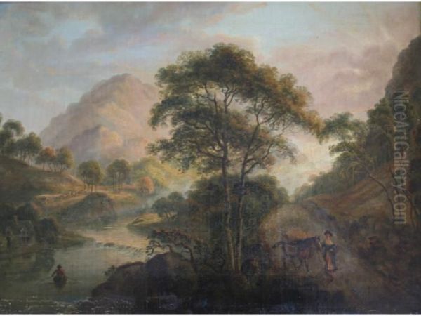 River Landscape Scene With Figure And Horse On A Country Road Oil Painting by Julius Caesar Ibbetson