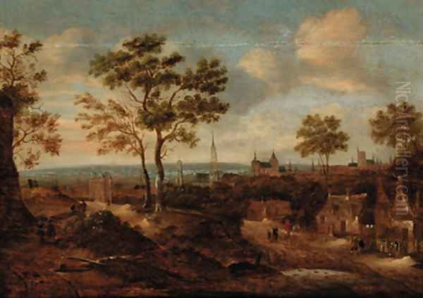 A wooded landscape with a view of a town Oil Painting by Claes Molenaar (see Molenaer)